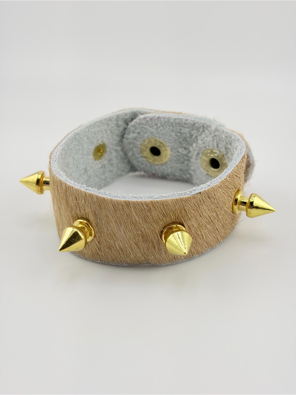 Tan Haircalf Spike Bracelet with Gold Studs